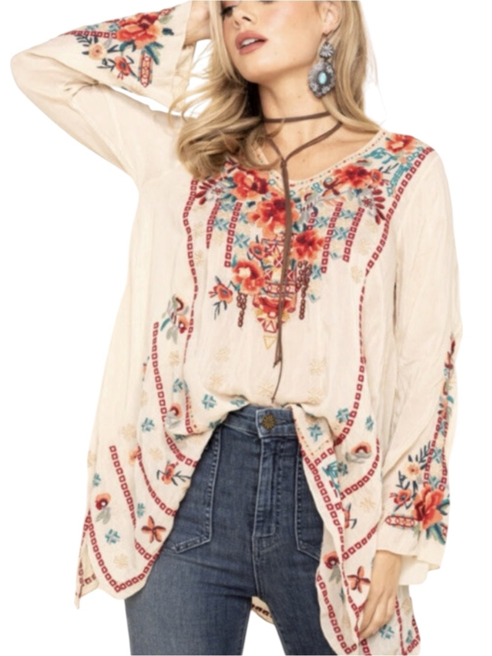 Johnny Was Embroidered Floral Flowy Peasant Tunic
